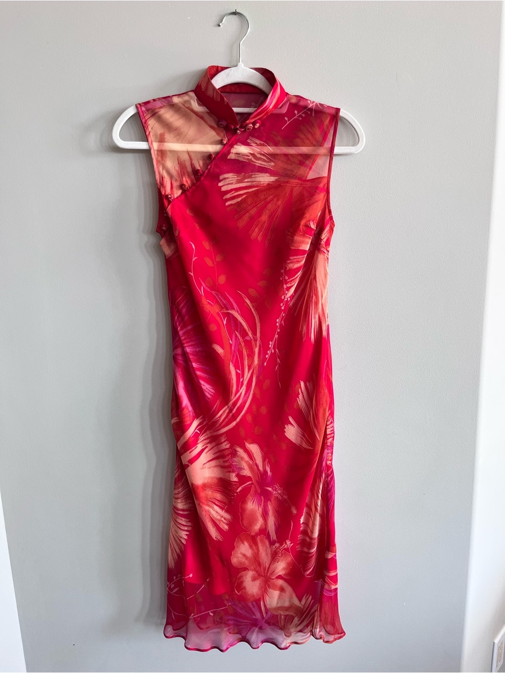 Y2K Red Sheer Floral Dress Frog Button Cheongsam Qipao Mandarin Collar S M